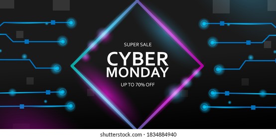 Cyber monday sale with neon light shape background design vector