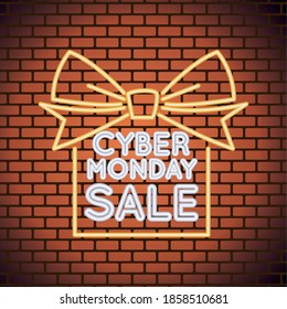 cyber monday sale neon light with gift in wall vector illustration design