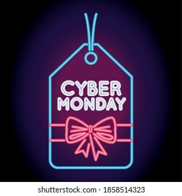 cyber monday sale neon light with tag hanging vector illustration design