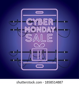 cyber monday sale neon light with smartphone vector illustration design