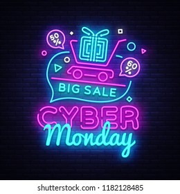 Cyber Monday Sale Neon Schild Vektor. Cyber Monday Bid Discount Design Vorlage Neonzeichen, heller Banner, Neonsignatur, helle Werbung, helle Inschrift. Vektorgrafik