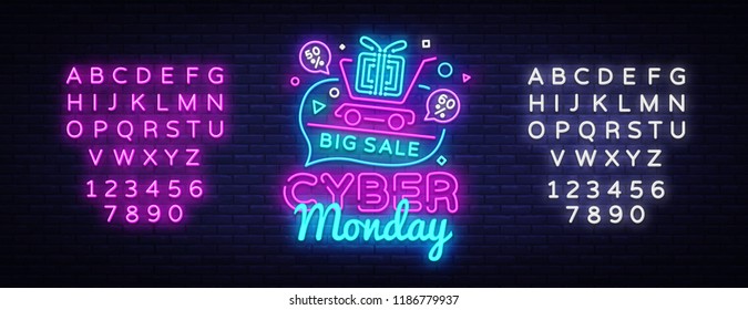 Cyber Monday Sale neon sign vector. Cyber Monday Bid discount Design template neon sign, light banner, neon signboard, nightly bright advertising, light inscription. Vector. Editing text neon sign