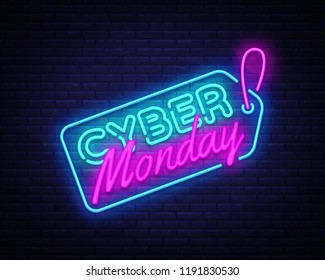 Cyber Monday Sale neon sign vector. Cyber Monday Bid discount Design template neon sign, light banner, neon signboard, nightly bright advertising, light inscription. Vector illustration