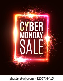 Cyber Monday sale neon sign. Abstract laser rectangle background with light explosion burst flares sparkles. Shining square sign on dark red backdrop. Banner design template. Color vector illustration