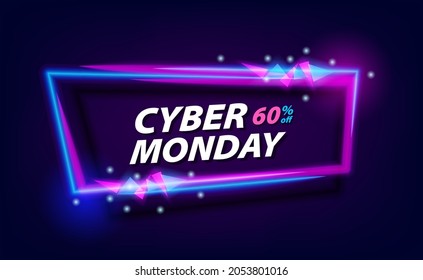 Cyber monday sale offer promotion banner digital glow purple and blue neon techno electric