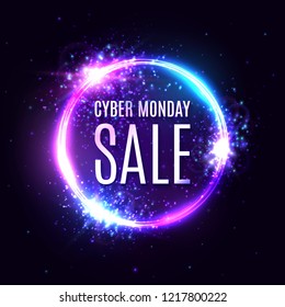 Cyber monday sale on circle background. Neon letters in round frame. 3d abstract vector design for Cyber monday event poster.