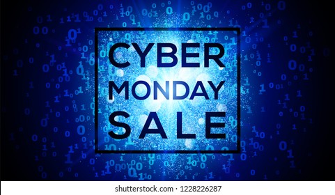 Cyber Monday Sale on digital binary code 1 and 0 numbers blue vector background