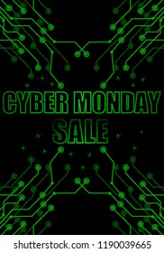 Cyber monday sale on green technology circuit board black background