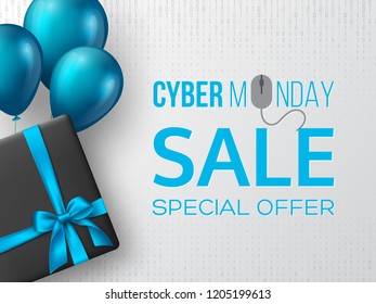 Cyber monday sale poster or banner for seasonal discounts. Black box with realistic silk blue bow and balloons on code background. Sale concept. Vector illustration.