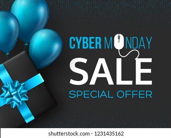 Cyber monday sale poster or banner for seasonal discounts. Black box with realistic blue bow and balloons on code background. Sale concept. Vector illustration.