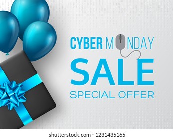 Cyber monday sale poster or banner for seasonal discounts. Black box with realistic blue bow and balloons on code background. Sale concept. Vector illustration.