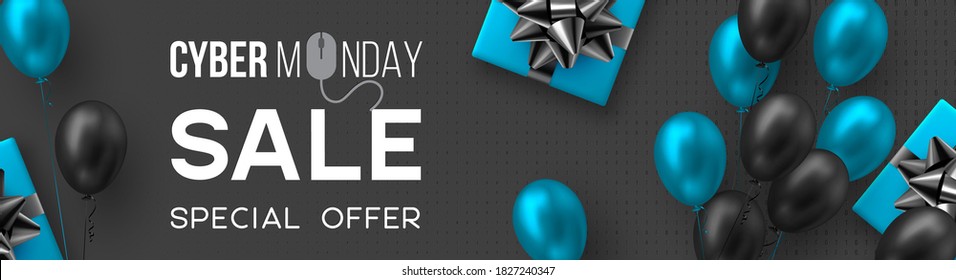 Cyber monday sale poster or banner for seasonal discounts. Gift box with realistic bow and glossy blue and black balloons on code background. Sale concept. Vector illustration.