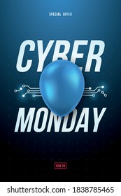 Cyber Monday Sale Poster mit blauem glänzendem Ballon und Text. Vektorvorlage für Werbebanner, Flyer, Broschüren. November Online-Verkauf.