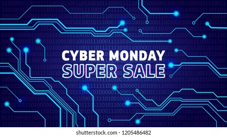 Cyber monday sale poster, bunner, invitation with electrical pulses. Online sale advertisign design, announcement. Vector illustration.