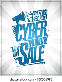 Cyber monday sale poster, crazy discounts with loudspeaker