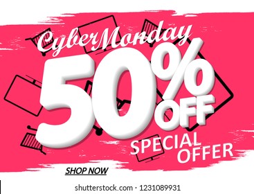 Cyber Monday Sale, poster design template, 50% off, special offer, vector illustration