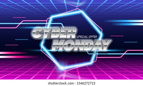 Cyber Monday sale poster design on blue and pink background.