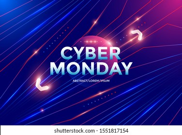 Cyber Monday sale poster design with dynamic gradients lines and shapes on blue background. Vector neon illustration for online discount banner.