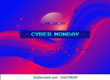 Cyber Monday Sale poster design with geometric 3d flow shape. Neon color discount banner. Futuristic illustration with red and blue graphic elements.