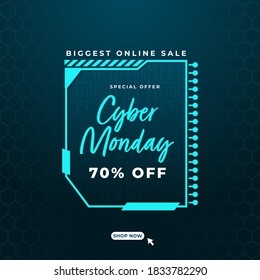 Cyber Monday Sale Poster Design with 70% Discount Offer and Cyan Futuristic Frame on Dark Teal Hexagon Pattern Background.