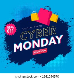 Cyber Monday Sale Poster Design with 50% Discount Offer and Shopping Bags on Blue Brush Halftone Effect Background.