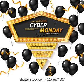 Cyber monday Sale Poster with Shiny Balloons on white Background Vector illustration.