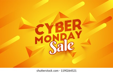 Cyber Monday sale poster or template design with 3d abstract elements on shiny orange background.