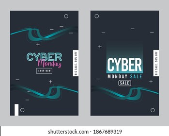 cyber monday sale posters with blue trails vector illustration design