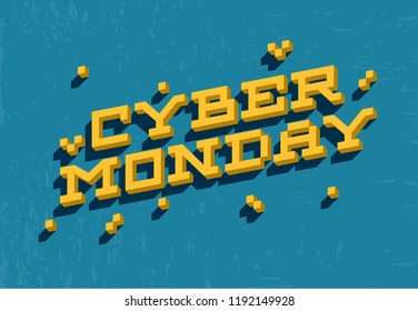 Cyber monday sale promo banner with bold 3d pixel letters for discount offer or final clearance on holidays season.