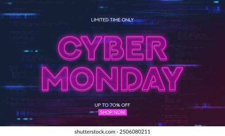 Cyber Monday Sale promo banner. Bright glowing neon symbol for decoration Cyber Monday sale isolated on background with programming code. Neon Cyber Monday signboard with for seasonal sales, ad, promo