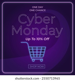 Banner promocional Cyber Monday Sale. Venda Cyber Monday isolado em fundo roxo com até 10% de desconto. Vetor. Ilustração. Compre agora. Um dia, uma chance.