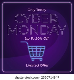 Cyber Monday Sale promo banner. Cyber Monday sale isolated on purple background with up to 20% off. Vector. Illustration. Only Today. Limited Offer.