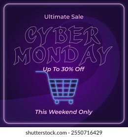 Banner promocional Cyber Monday Sale. Venda Cyber Monday isolado em fundo roxo com até 30% de desconto. Vetor. Ilustração. Venda Final. Somente Esta Semana. 30% de desconto.