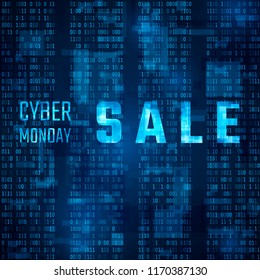 Cyber Monday Sale Promo on Blue Binary Code Background. Vector illustration