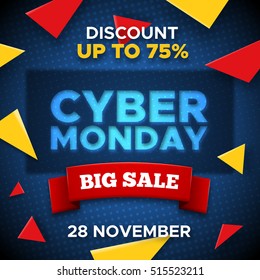 Cyber Monday Sale promo vector background. Retail promotion banner abstract geometric design with yellow triangles for discount offer or final clearance on holidays season.