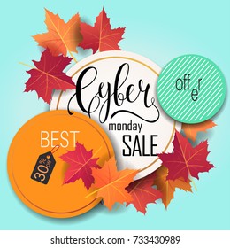 Cyber Monday Sale. Promotional banner template with lettering composition with maple autumn leaves on bright contemporary background