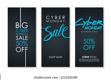 Cyber Monday Sale promotional flyers set with hand lettering for business, commerce, discount shopping and advertising. Vector illustration.