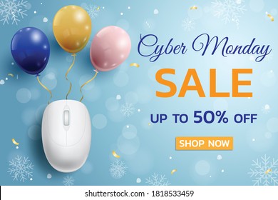 Cyber Monday Sale promotional poster with mouse and balloons background for commerce, business and advertising. Vector illustration