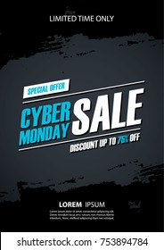 Cyber Monday Sale promotional poster with brush stroke background for commerce, business and advertising. Vector illustration.