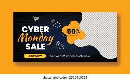 Cyber Monday Sale Promotional Web Banner for Fashion Retail and E-commerce products, promotional horizontal banner for Online Shopping Discounts web banner ad and black Friday sale design