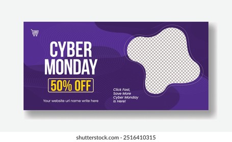 Cyber Monday Sale Promotional Web Banner for Fashion Retail and E-commerce products, promotional horizontal banner for Online Shopping Discounts web banner ad and black Friday sale design