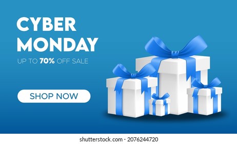 Cyber Monday Sale with Realistic Gift Box, sale background horizontal banner for header or website, vector design.