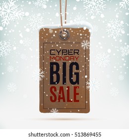 Cyber Monday sale. Realistic, vintage price tag on winter background wit snow and snowflakes. Vector illustration.