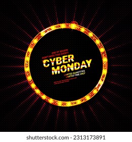 Cyber Monday sale retro light frame with arrow glowing bulbs. Vector background design template for sale and discount, business, advertisement, promotion, brochure, banner, presentation.