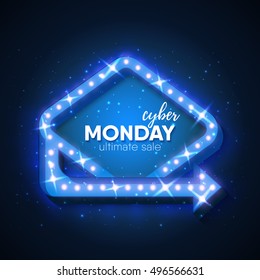 Cyber Monday sale retro light frame with arrow glowing bulbs. Vector background design template for sale and discount, business, advertisement, promotion, brochure, banner, presentation.