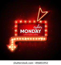 Cyber Monday sale retro light frame with arrow glowing bulbs. Vector background design template for sale and discount, business, advertisement, promotion, brochure, banner, presentation.