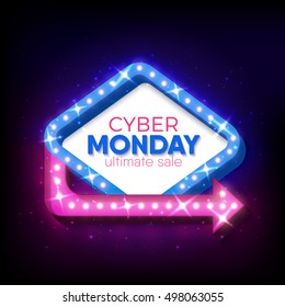 Cyber Monday sale retro light frame with arrow glowing bulbs. Vector background design template for sale and discount, business, advertisement, promotion, brochure, banner, presentation.