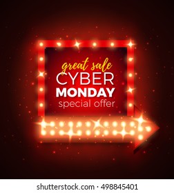 Cyber Monday sale retro light frame with arrow glowing bulbs. Vector background design template for sale and discount, business, advertisement, promotion, brochure, banner, presentation.