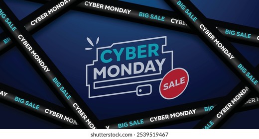 Cyber Monday Sale. Ribbon and more. Great for cards, banners, posters, social media and more. Dark blue background.