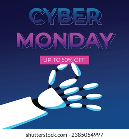 Cyber Monday Sale. Robot hand holding discount coupon. Flat vector illustration in cartoon style.